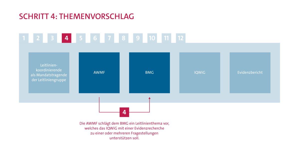 Ablauf Evidenzrecherche Schritt 4: Themenvorschlag. Die AWMF schlägt dem BMG ein Leitlinienthema vor, welches das IQWiG mit einer Evidenzrecherche zu einer oder mehreren Fragestellungen unterstützen soll