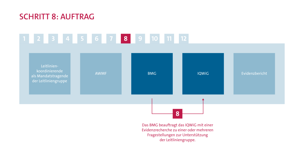 Ablauf Evidenzrecherche Schritt 8: Beauftragung. Das BMG beauftragt das IQWiG mit einer Evidenzrecherche zu einer oder mehreren Fragestellungen zur Unterstützung der Leitliniengruppe