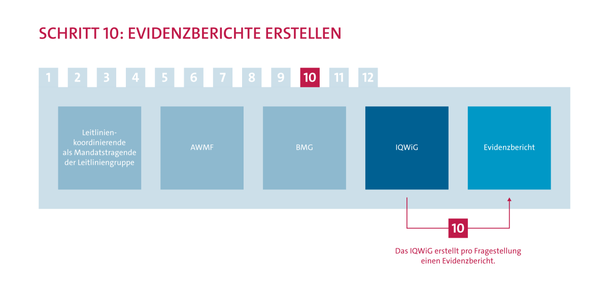 Ablauf Evidenzrecherche Schritt 10: Erstellung der Evidenzberichte. Das IQWiG erstellt pro Fragestellung einen Evidenzbericht