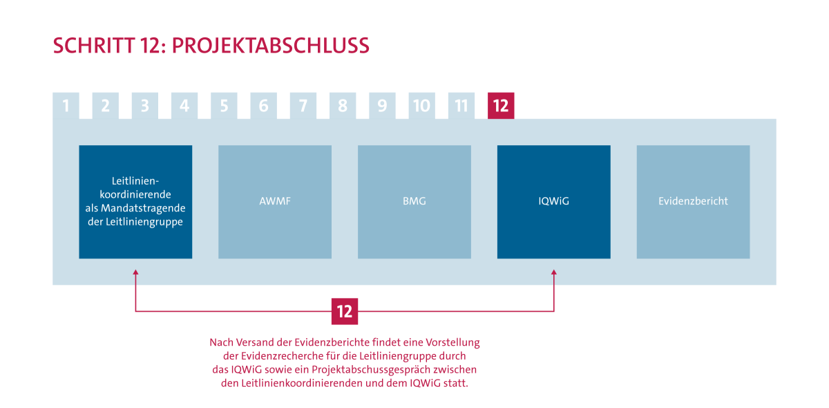 Ablauf Evidenzrecherche Schritt 12: Abschluss der Evidenzrecherche. Nach Versand des letzten Evidenzberichts findet ein Projektabschlussgespräch zwischen den Leitlinienkoordinierenden und dem IQWiG statt